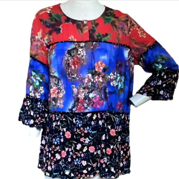 Calessa BOHO Colorful Floral Mixed Media Tiered Tunic Top Bell Sleeve XL #97N - Picture 2 of 9